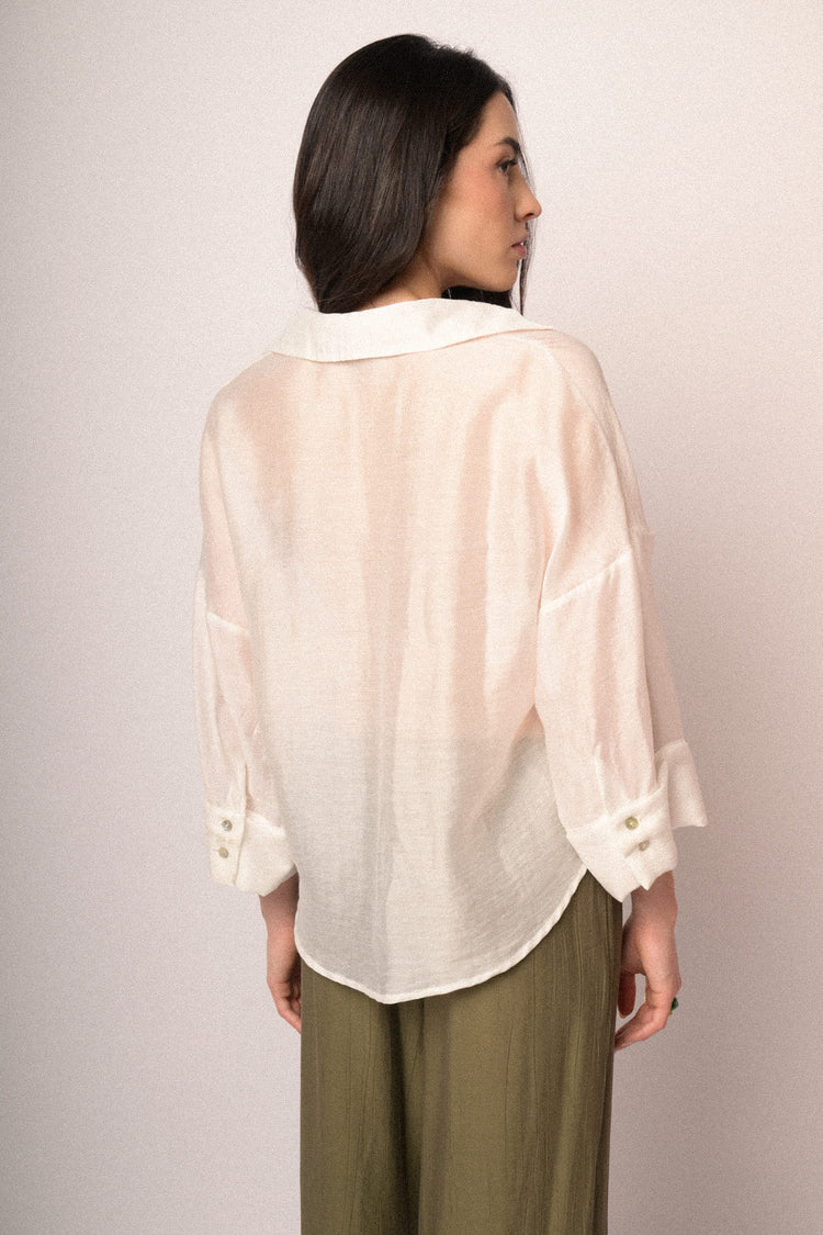 White lyocell-blend wide-sleeved boxy-fit shirt