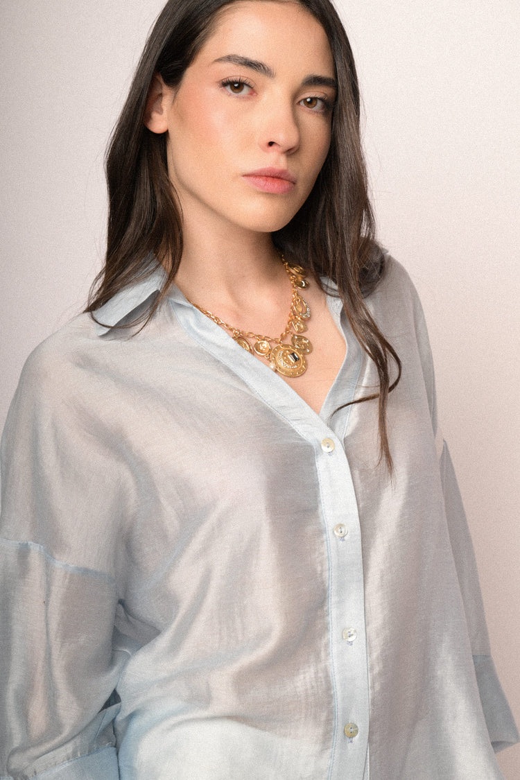 Sky blue lyocell-blend wide-sleeved boxy-fit shirt