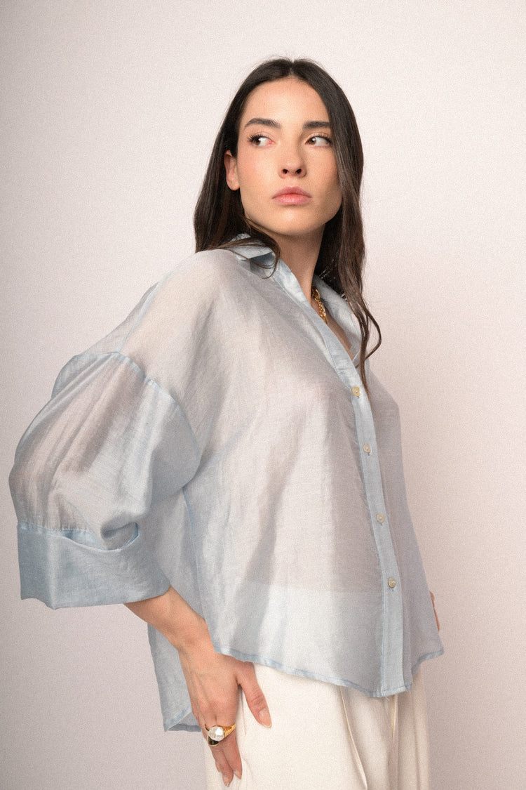 Sky blue lyocell-blend wide-sleeved boxy-fit shirt