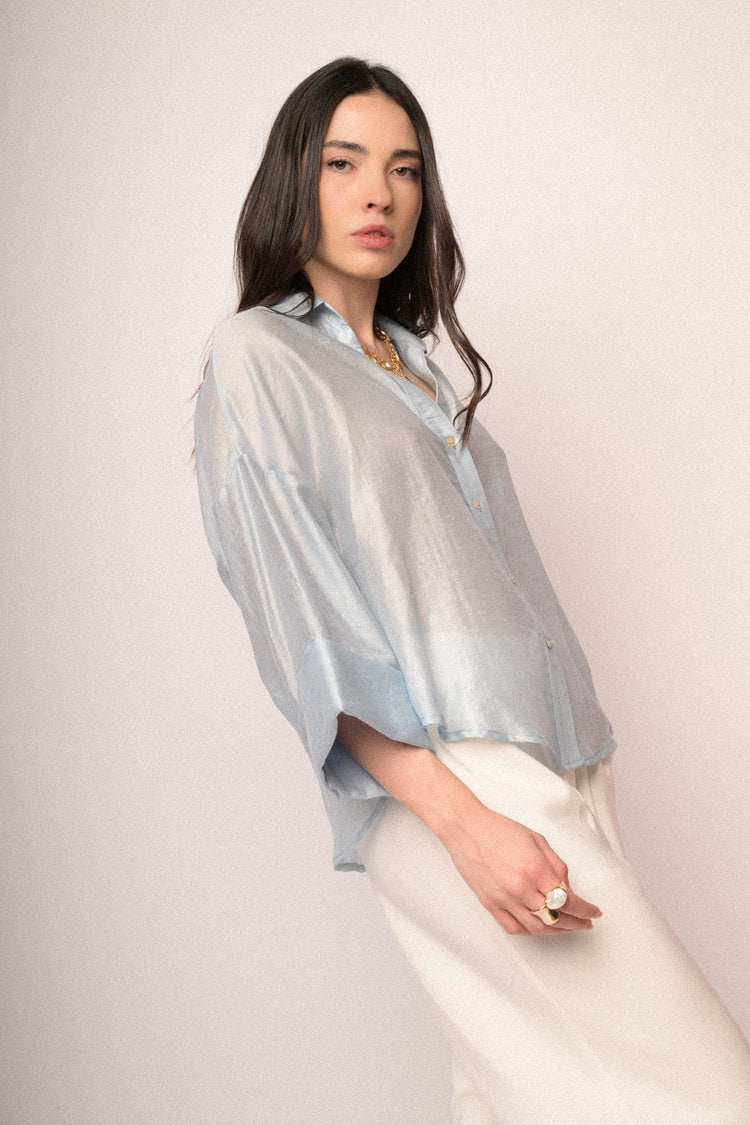 Sky blue lyocell-blend wide-sleeved boxy-fit shirt