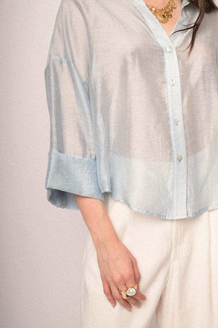 Sky blue lyocell-blend wide-sleeved boxy-fit shirt