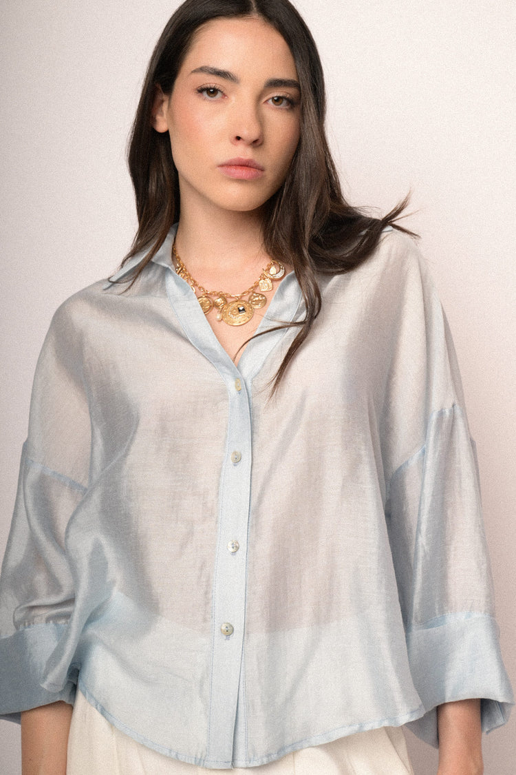 Sky blue lyocell-blend wide-sleeved boxy-fit shirt