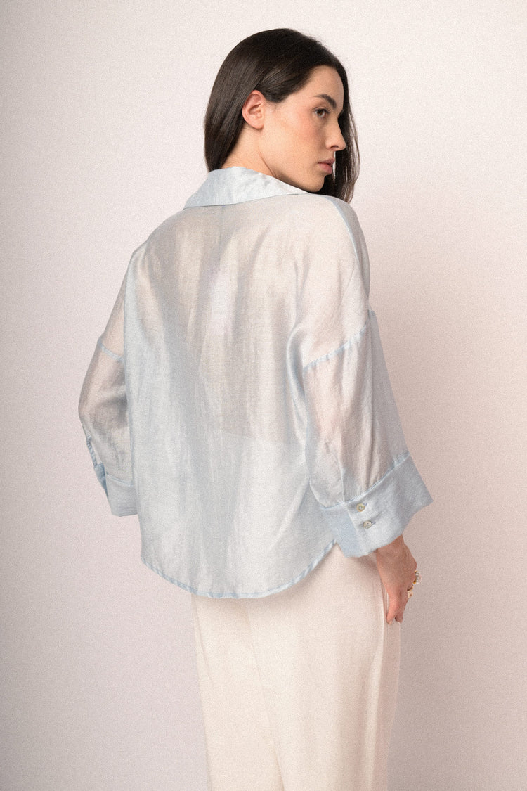 Sky blue lyocell-blend wide-sleeved boxy-fit shirt