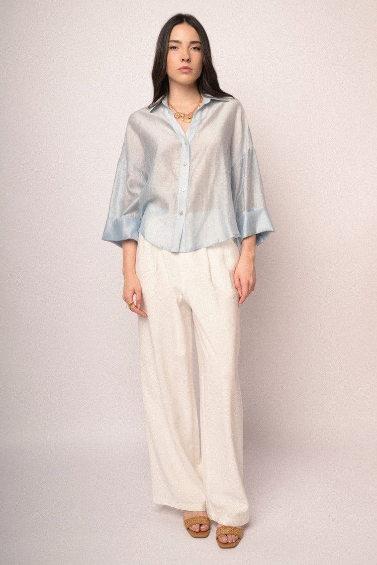 Sky blue lyocell-blend wide-sleeved boxy-fit shirt