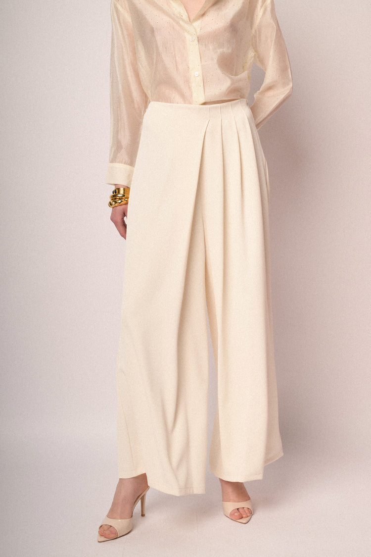 Ivory pleated wide-leg trousers