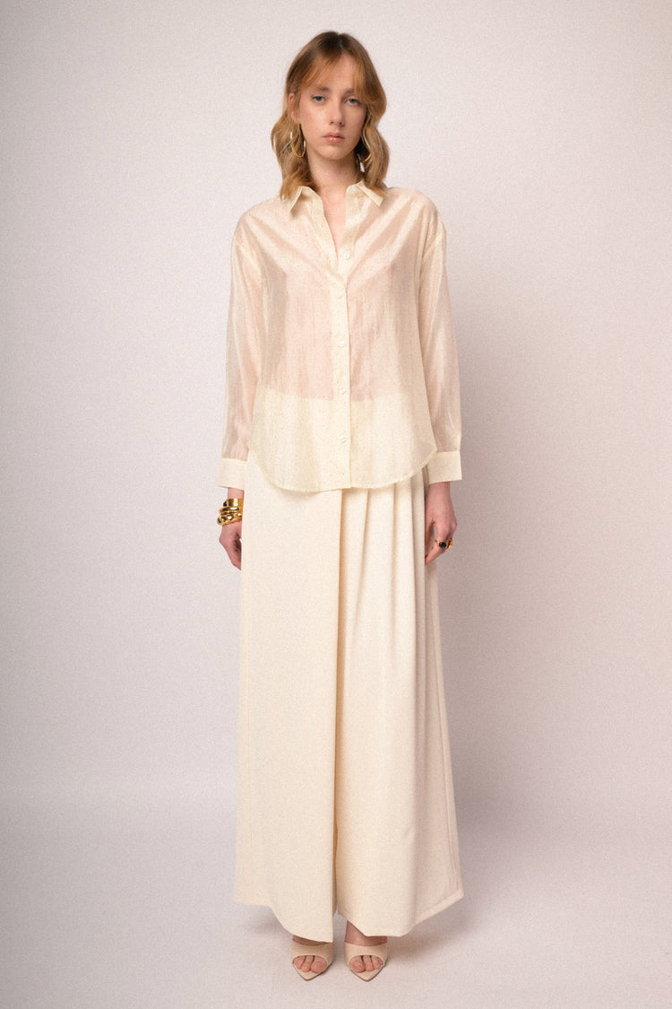 Ivory pleated wide-leg trousers