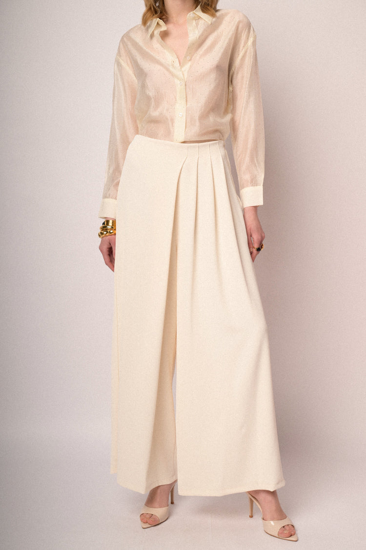 Ivory pleated wide-leg trousers