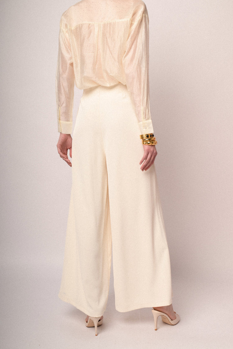 Ivory pleated wide-leg trousers