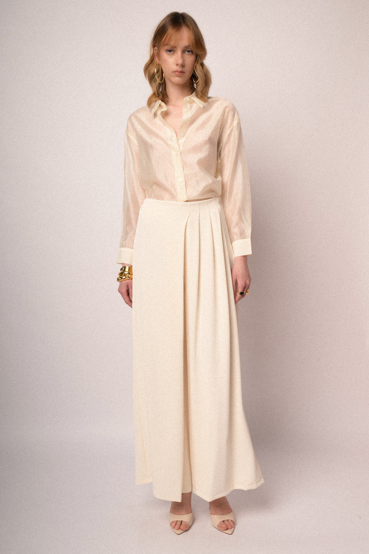 Ivory pleated wide-leg trousers