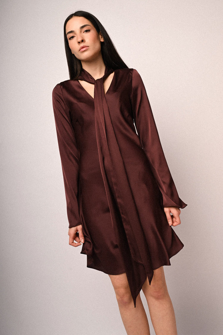 Pussy-bow-neck satin dress