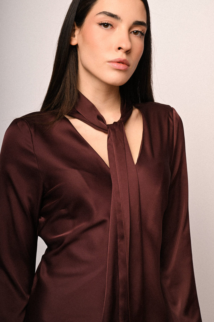 Pussy-bow-neck satin dress
