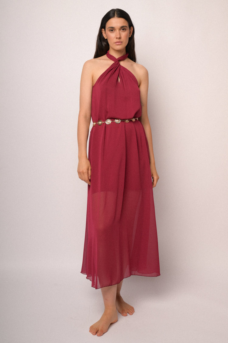 Burgundy long dress with braided neckline