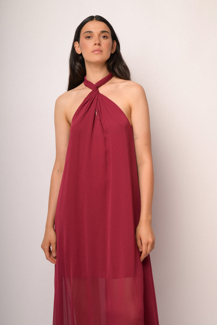 Burgundy long dress with braided neckline