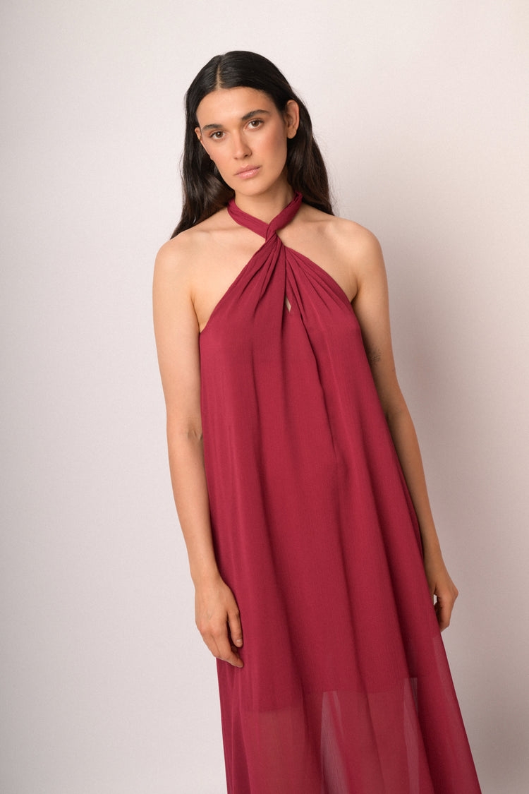Burgundy long dress with braided neckline