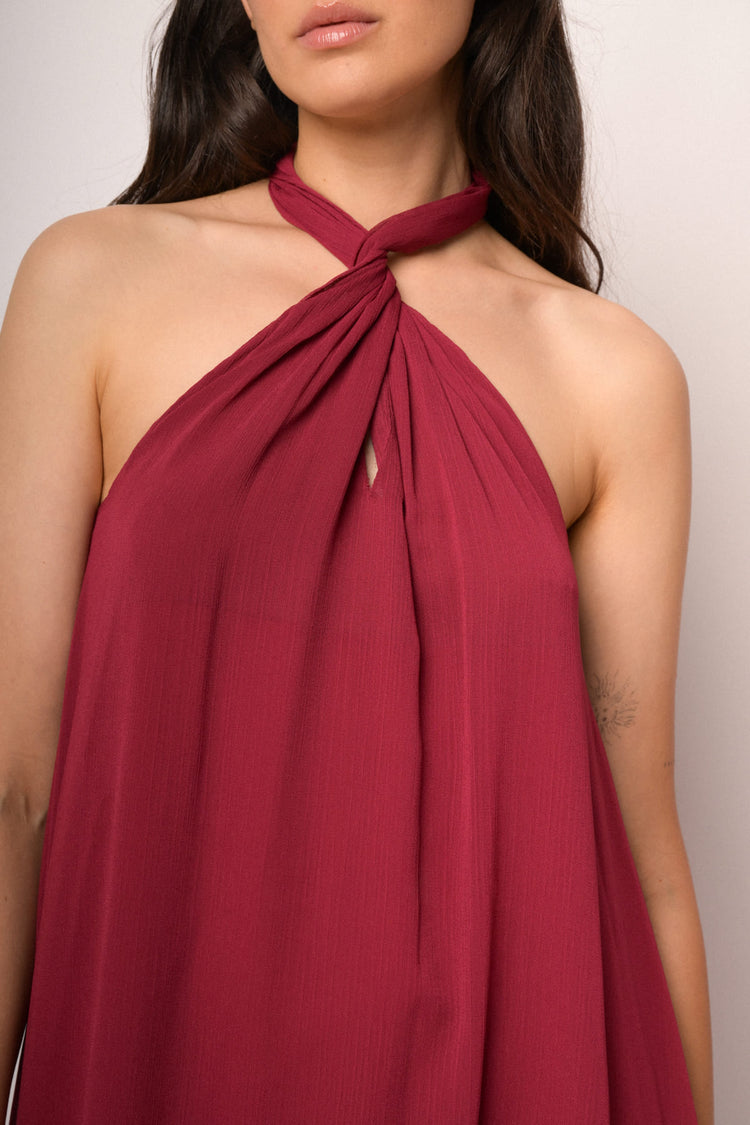 Burgundy long dress with braided neckline