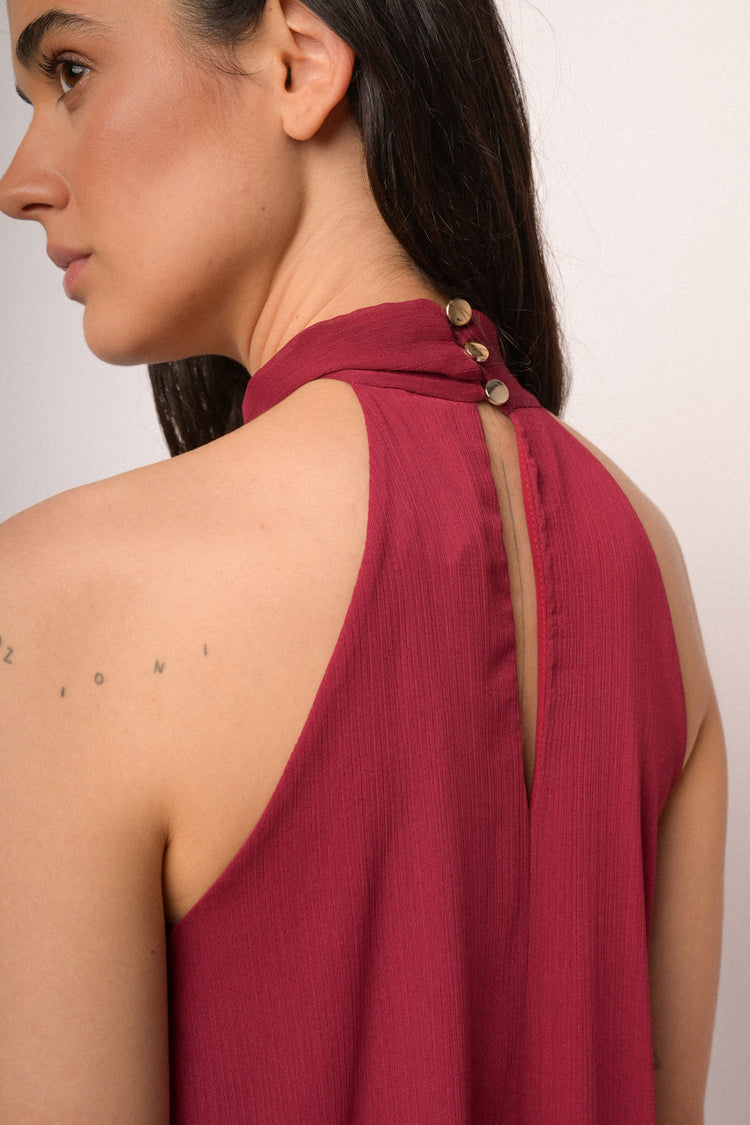 Burgundy long dress with braided neckline