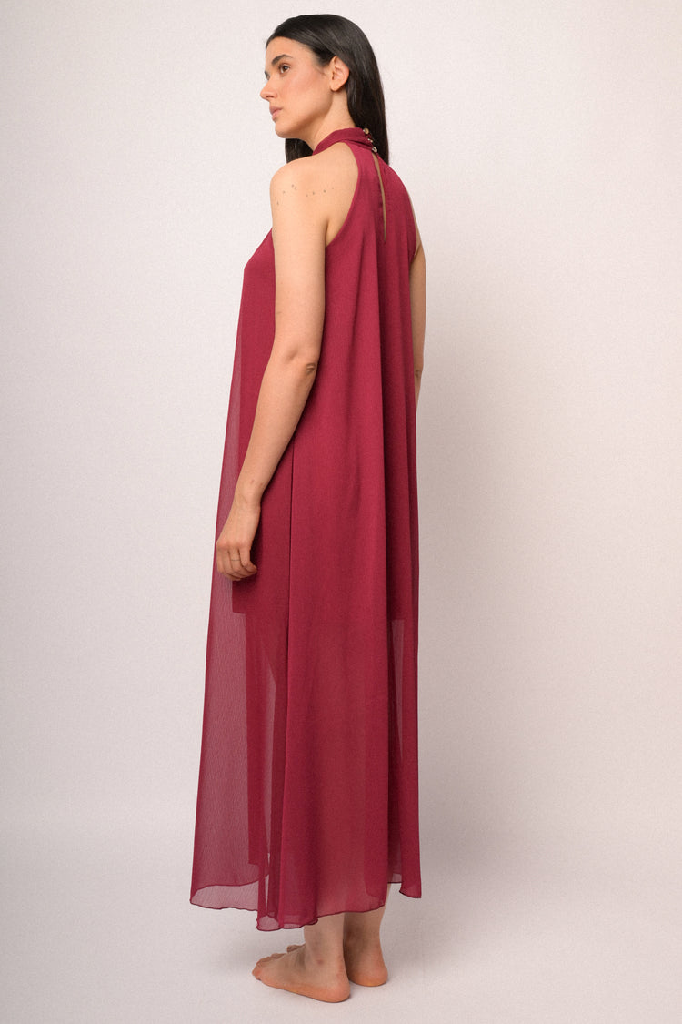 Burgundy long dress with braided neckline