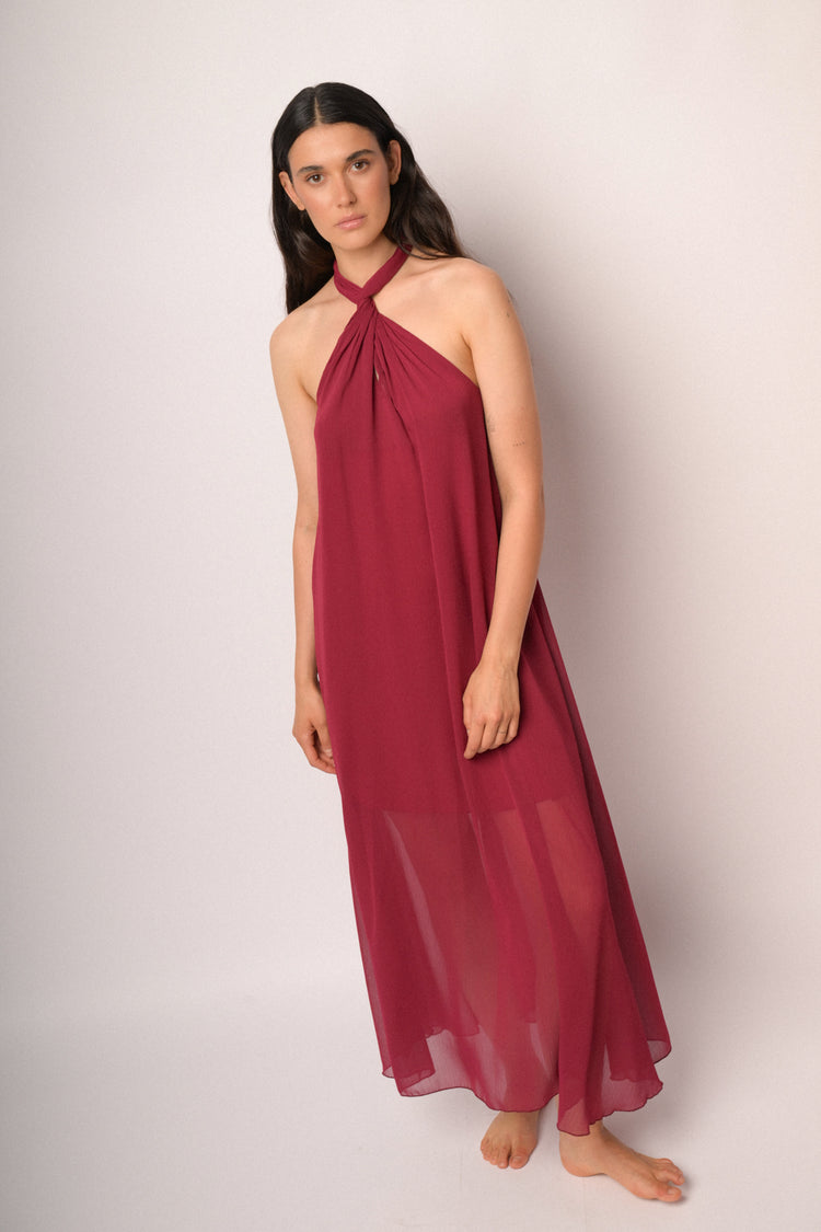Burgundy long dress with braided neckline