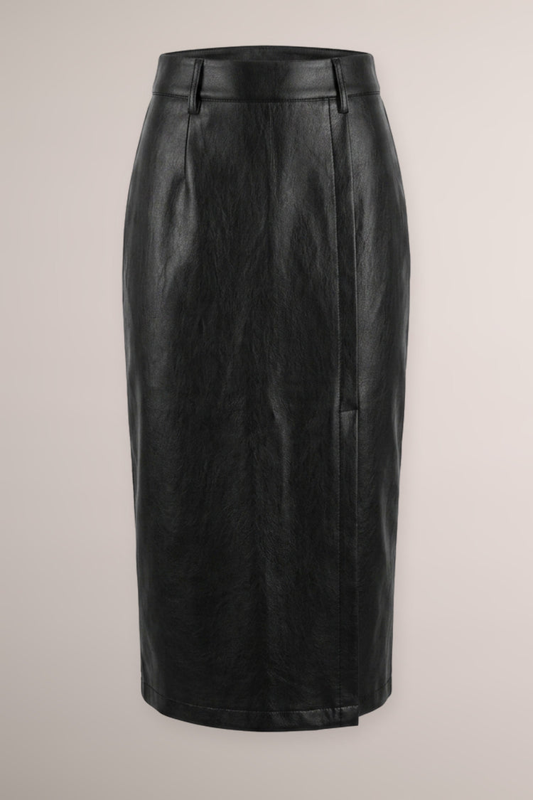 Black faux leather pencil midi skirt
