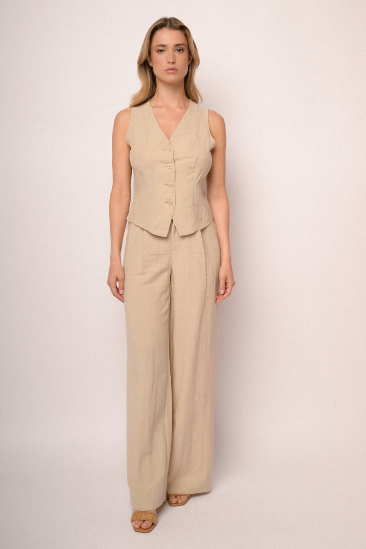 Beige lace waistband wide-leg trousers
