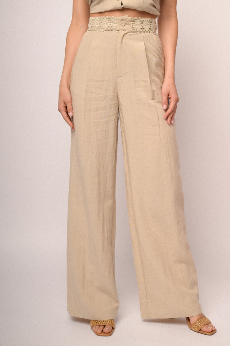 Beige lace waistband wide-leg trousers