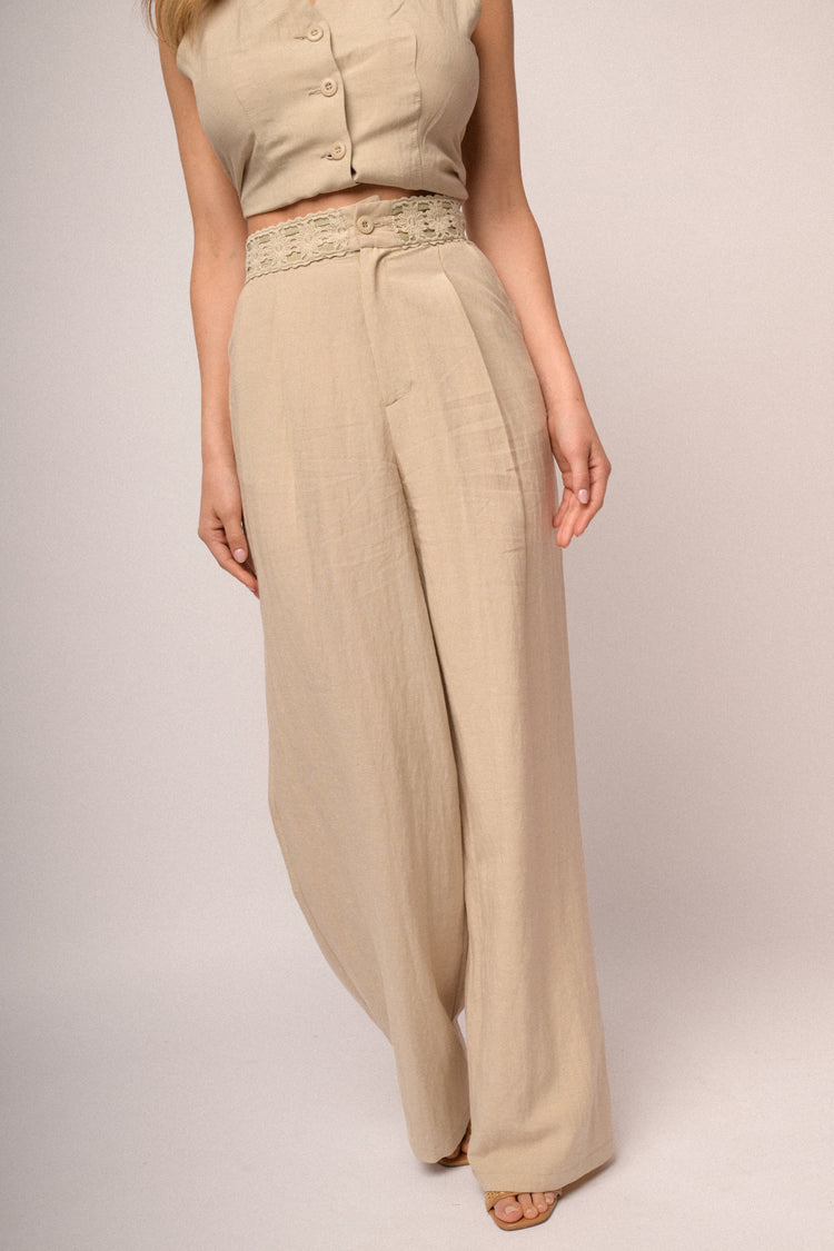 Beige lace waistband wide-leg trousers