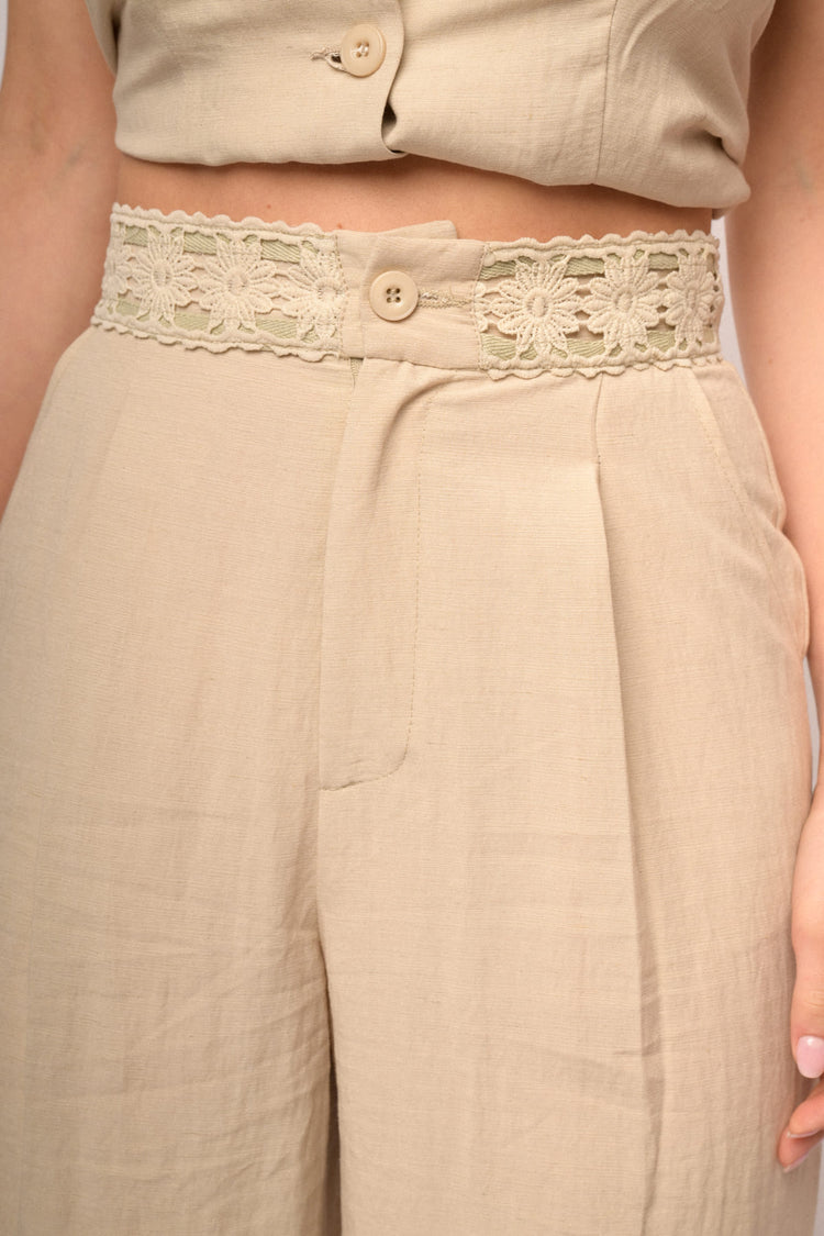 Beige lace waistband wide-leg trousers