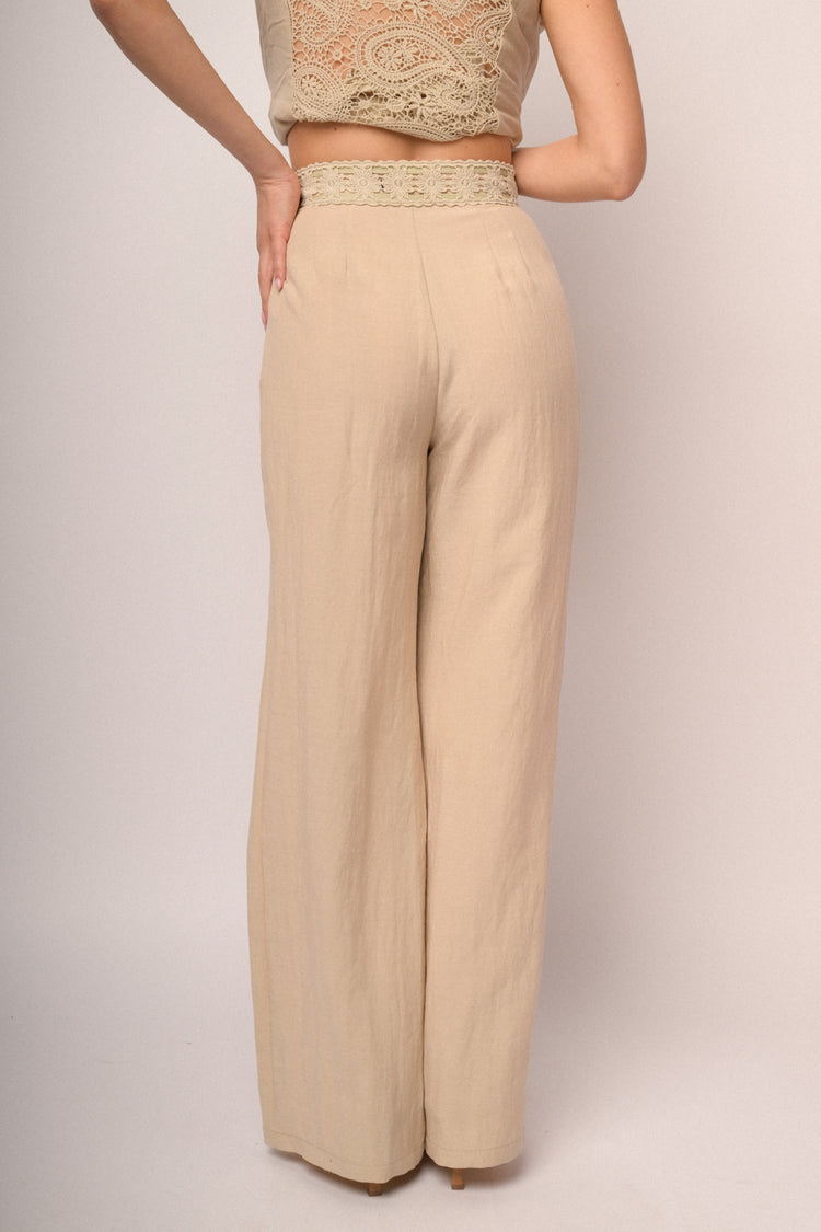 Beige lace waistband wide-leg trousers