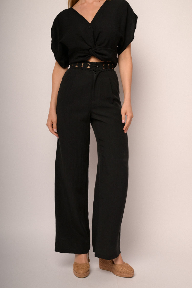 Black lace waistband wide-leg trousers