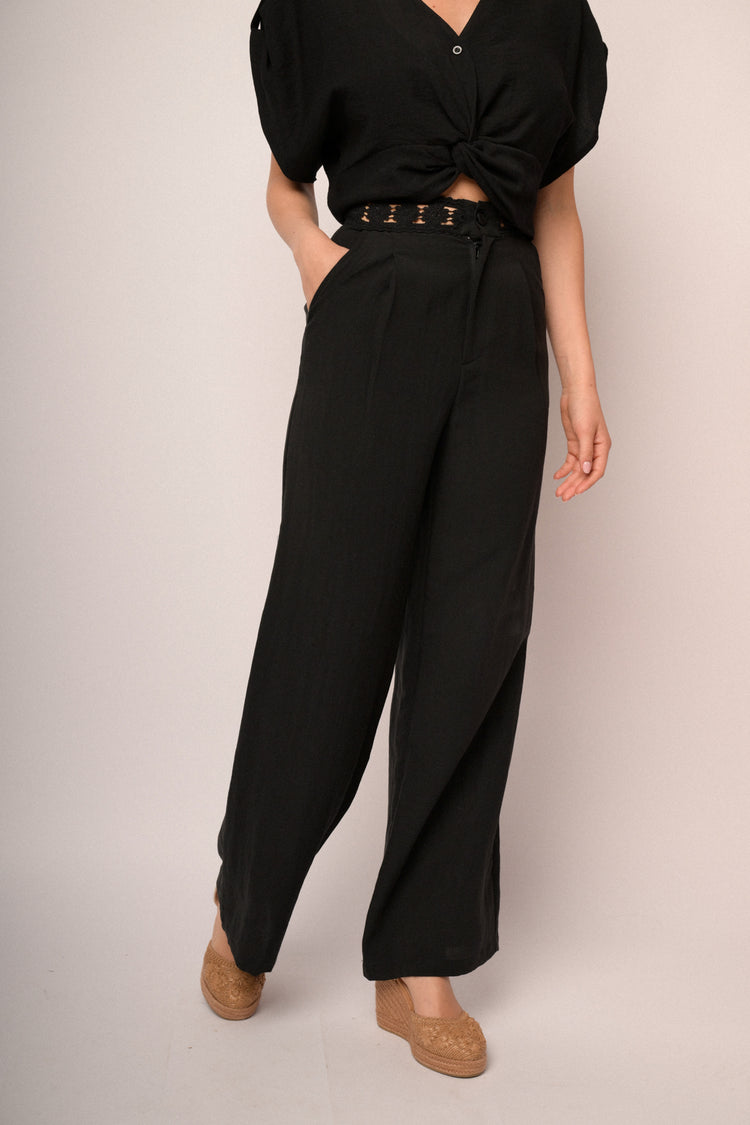 Black lace waistband wide-leg trousers