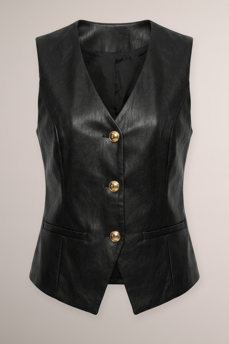 Golden button black faux leather vest