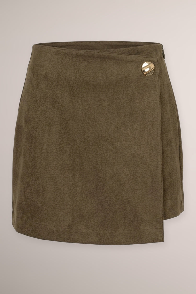 Button-detail chocolate faux suede miniskirt