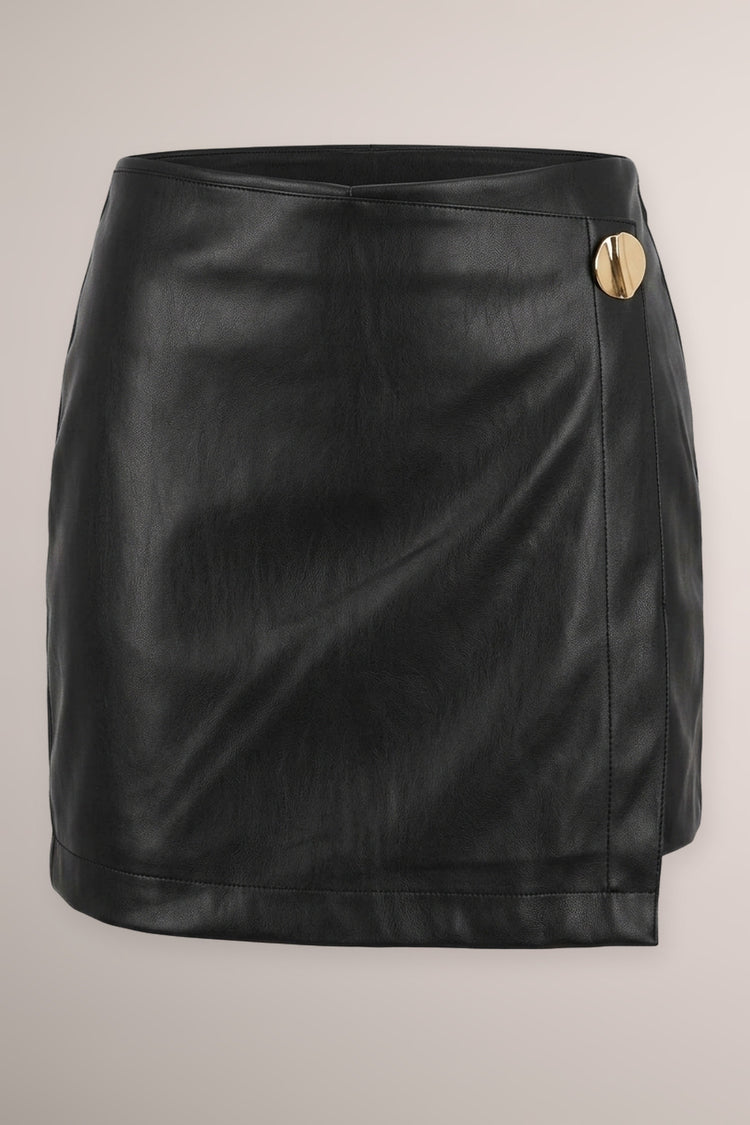 Button-detail black faux leather miniskirt