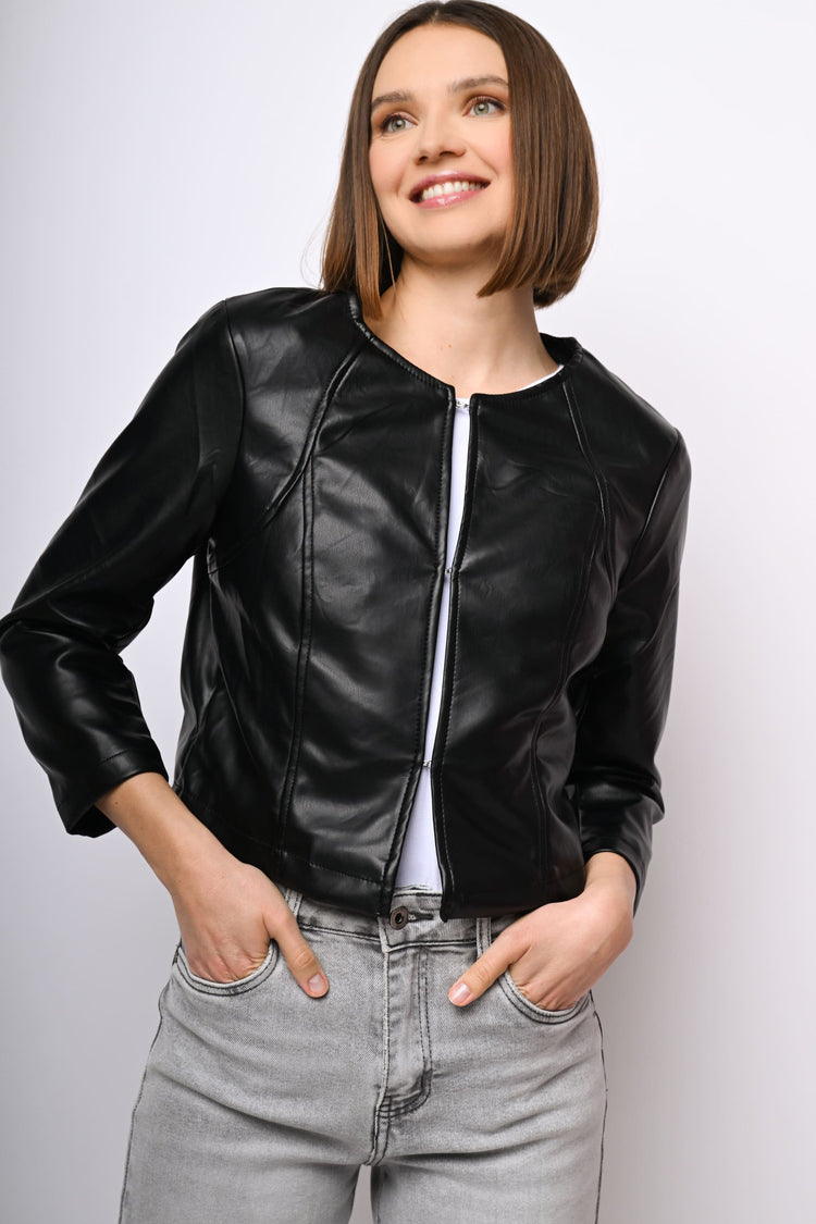 Hooks-and-eyes faux leather jacket