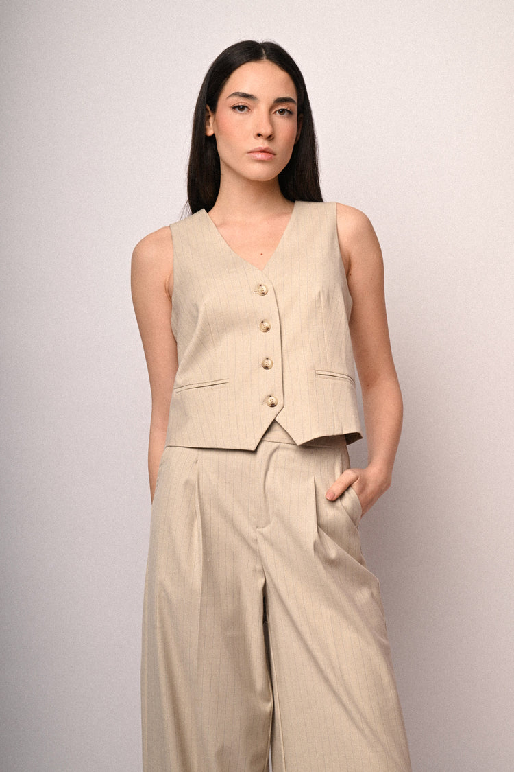 Beige pinstriped waistcoat
