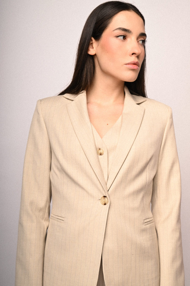 Beige pinstriped single-breasted blazer