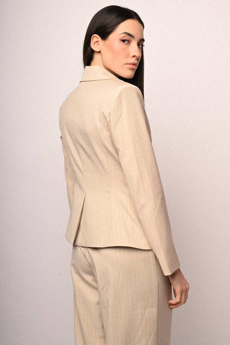 Beige pinstriped single-breasted blazer
