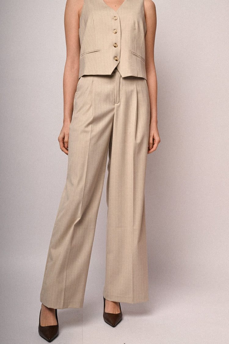 Beige pinstriped wide-leg trousers
