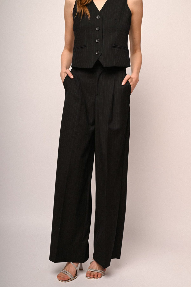 Black pinstriped wide-leg trousers