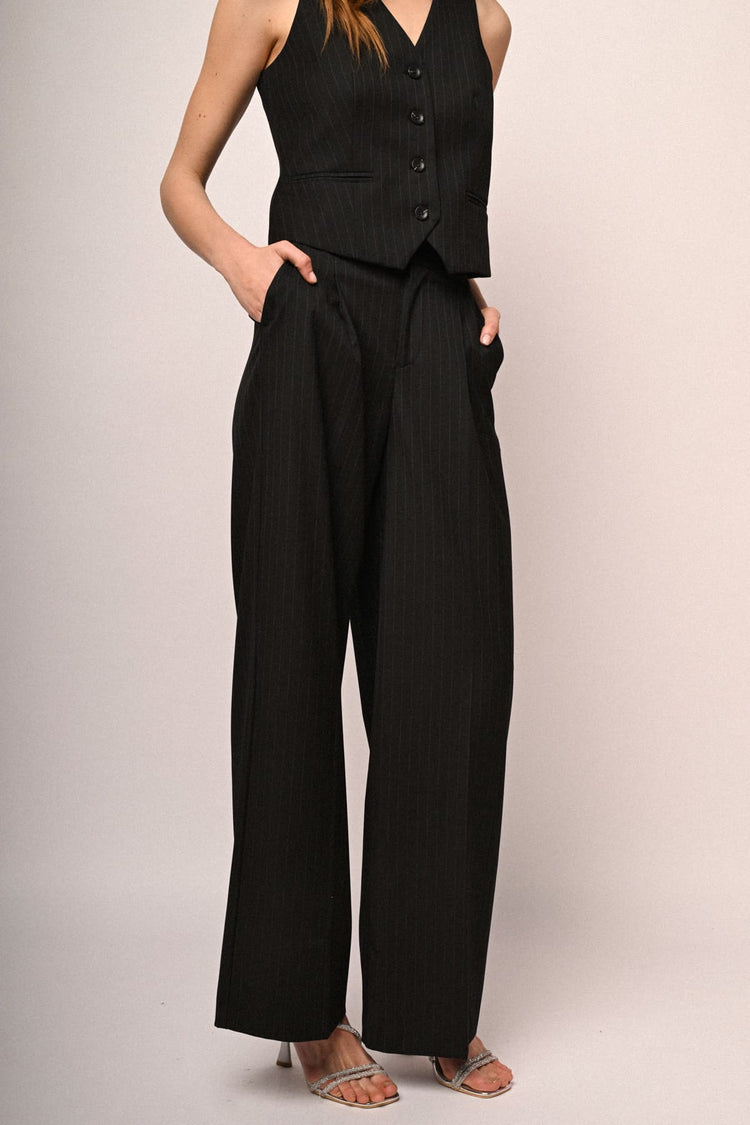 Black pinstriped wide-leg trousers