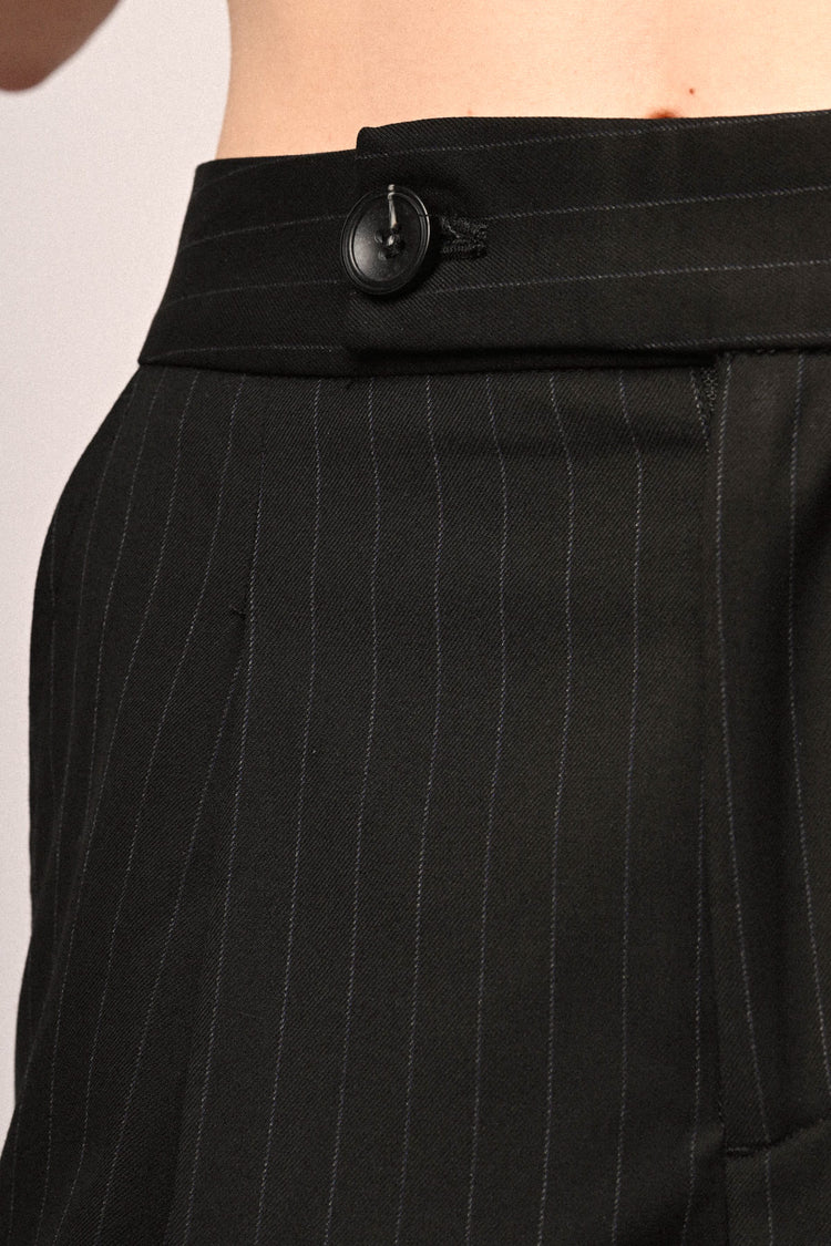 Black pinstriped wide-leg trousers