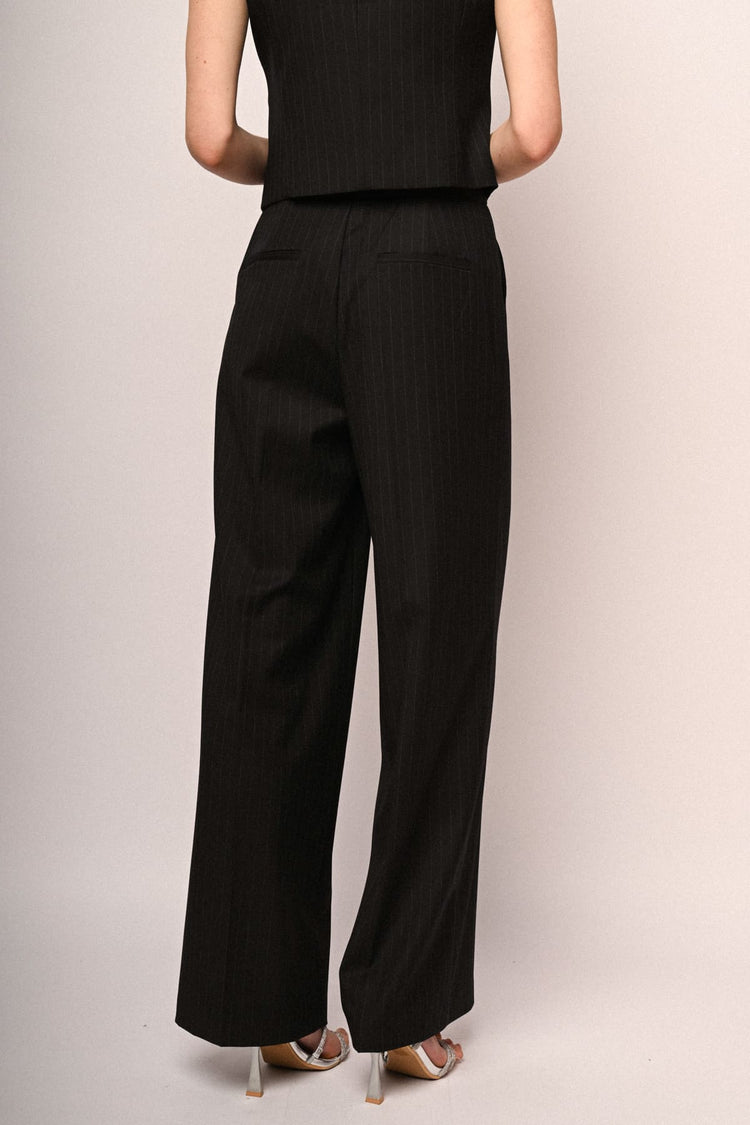 Black pinstriped wide-leg trousers