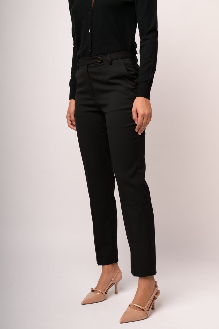 Black straight-leg trousers with tab fastening