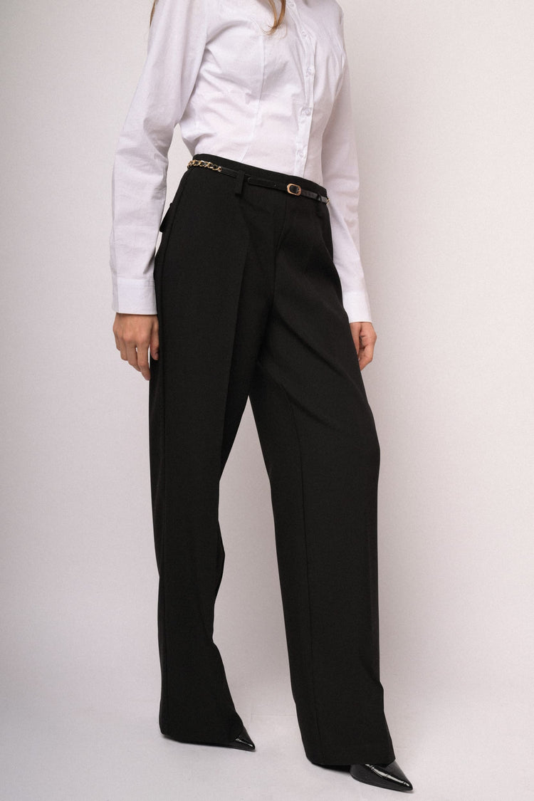 Black wide-leg trousers with woven belt