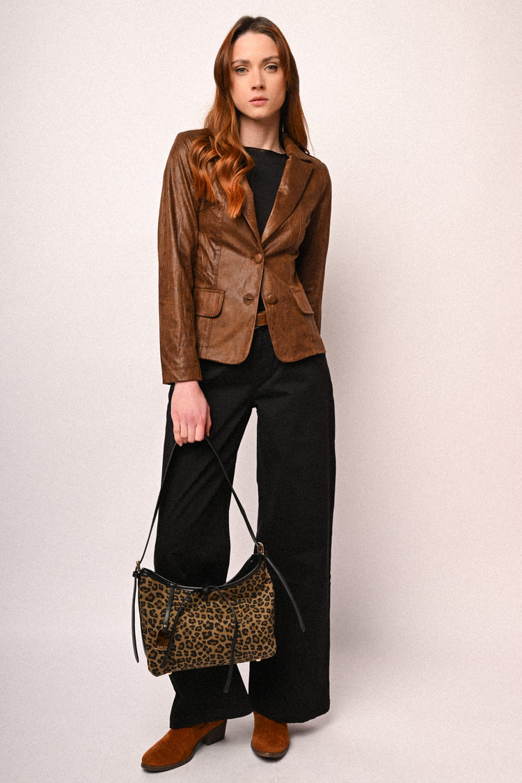 Faux leather single-breasted blazer
