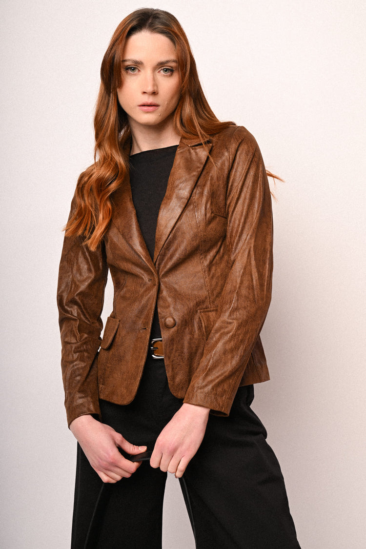 Faux leather single-breasted blazer