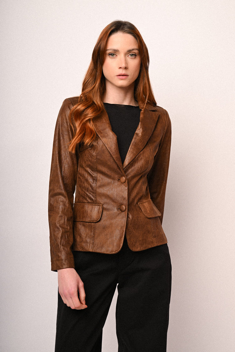 Faux leather single-breasted blazer