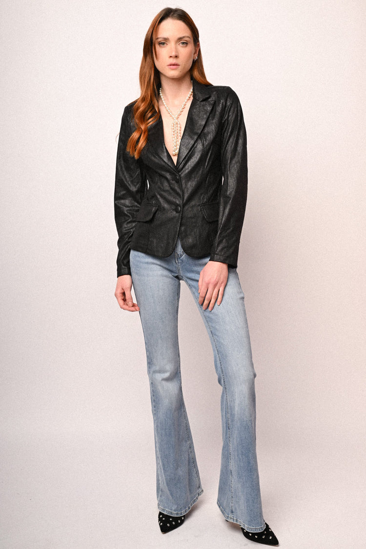 Faux leather single-breasted blazer