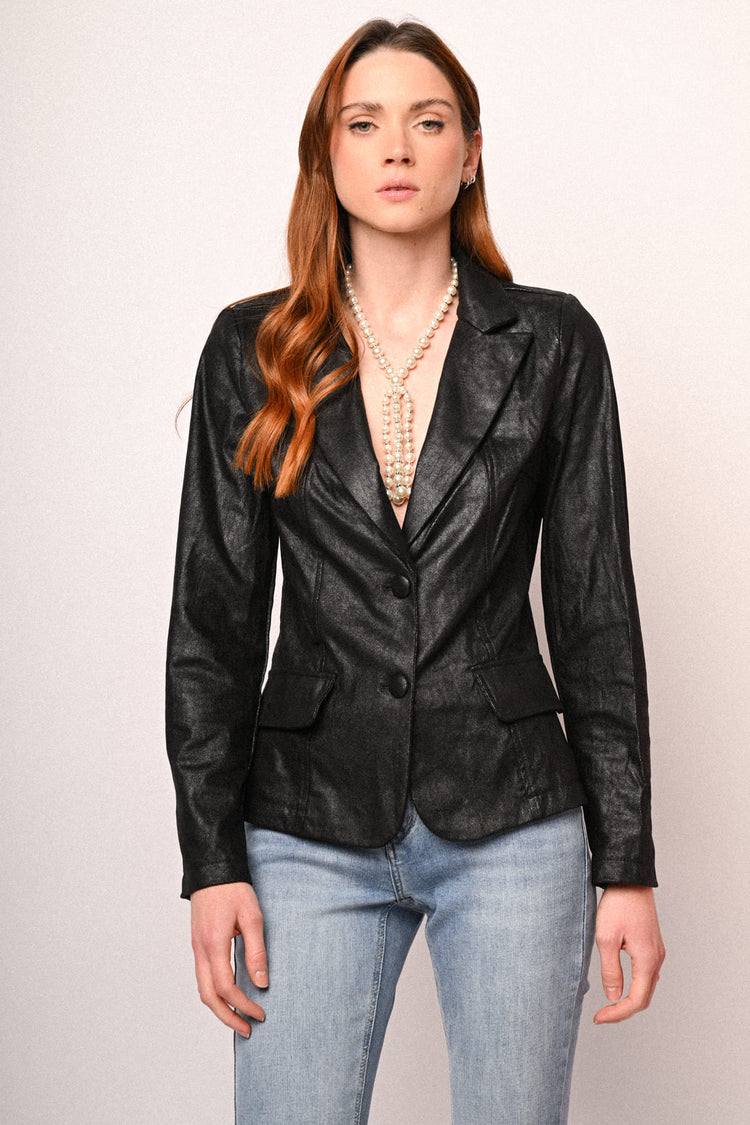 Faux leather single-breasted blazer