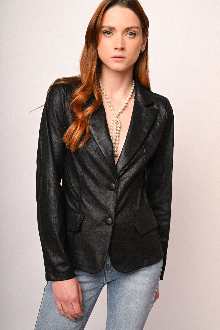 Faux leather single-breasted blazer